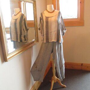 Luukaa Gray & Beige Striped Top & Gray Wide Leg Button Pants w/Matisse Necklace